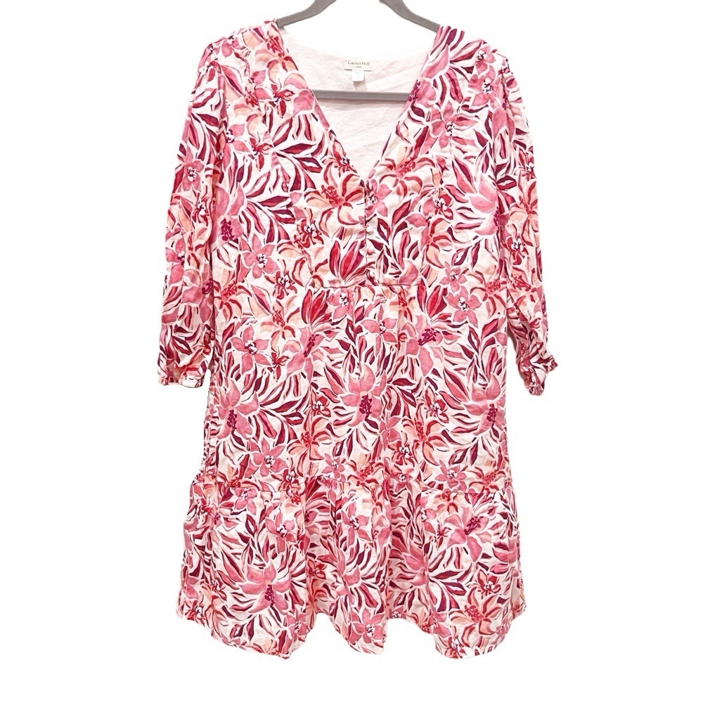 Garnet Hill Pink & White Floral V-Neck Tiered Mini Dress